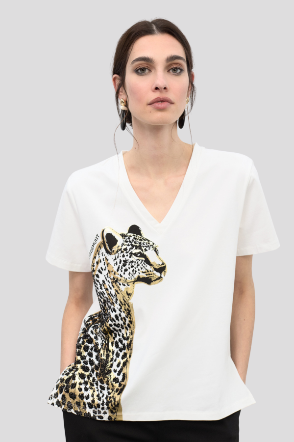 V-neck animal T-shirt with stone beads