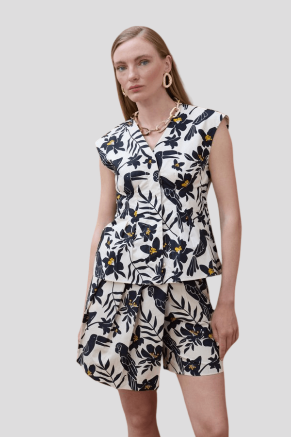 Parrot Leaf Print V-Neck Poplin Top